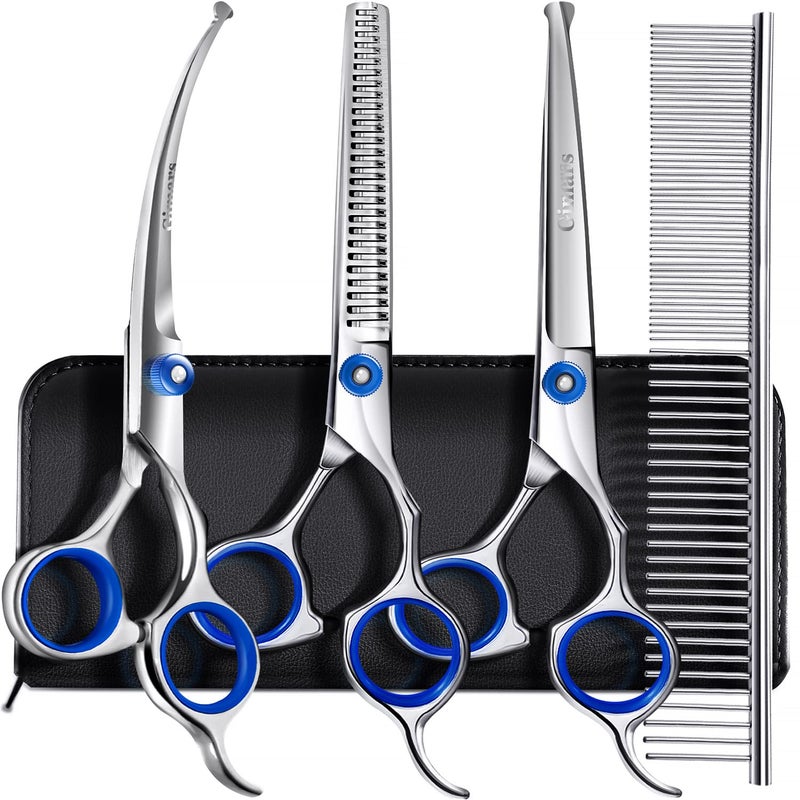 Gimars Professional 5 in 1 Grooming Scissors for Dogs 4CR with Safety Round Tip, Heavy Duty Titanium Coated Straight & Thinning & Curved Shears - Image 1